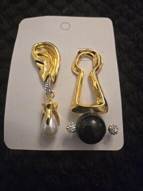 Schiaparelli Inspired Asymmetrical Gold Drop Earrings with Pearl and Black Orb